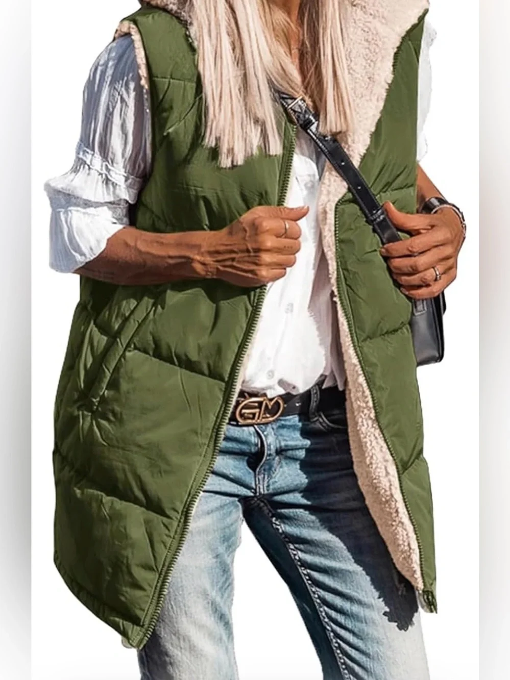 Soft Sherpa-Lined Olive Green Puffer Vest - Women